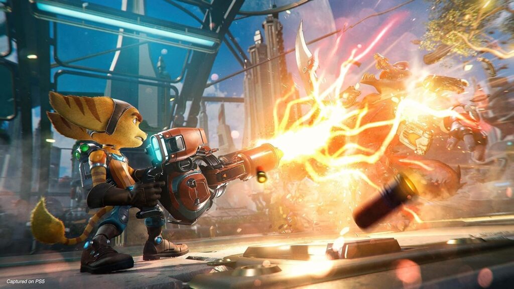 Gameplay screenshot from Ratchet & Clank: Rift Apart, one of the highest-rated entries in the Ratchet and Clank franchise.