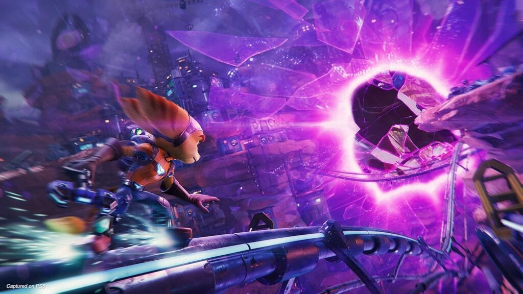 In-game battle scene from Ratchet & Clank: Rift Apart showcasing its dynamic combat system.