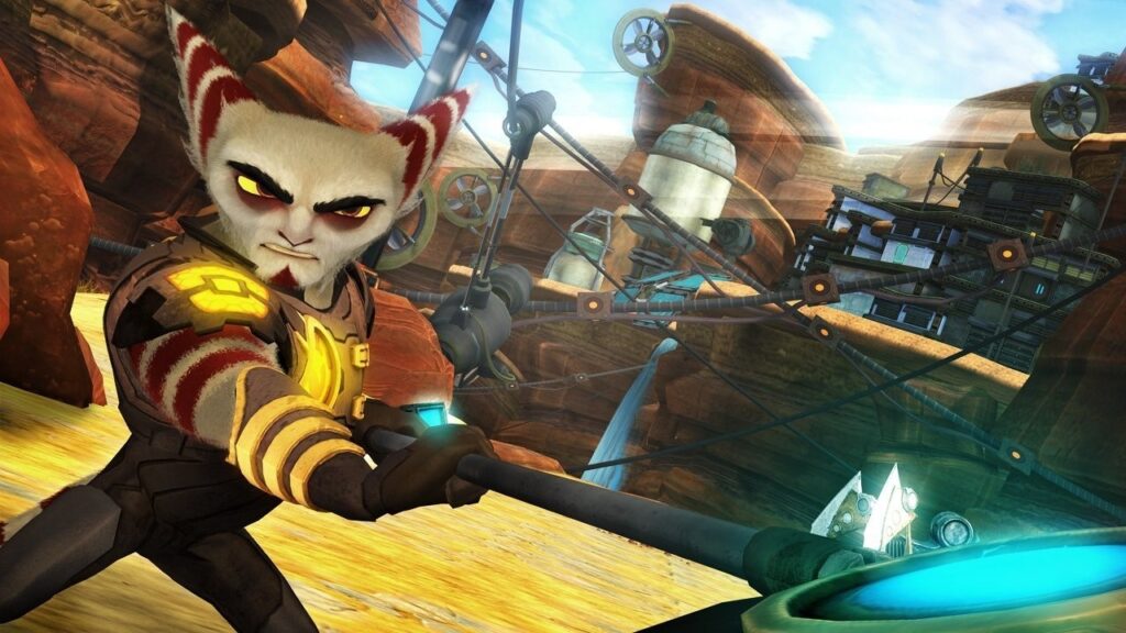 In-game battle scene from Ratchet & Clank: A Crack in Time showcasing its dynamic combat system.