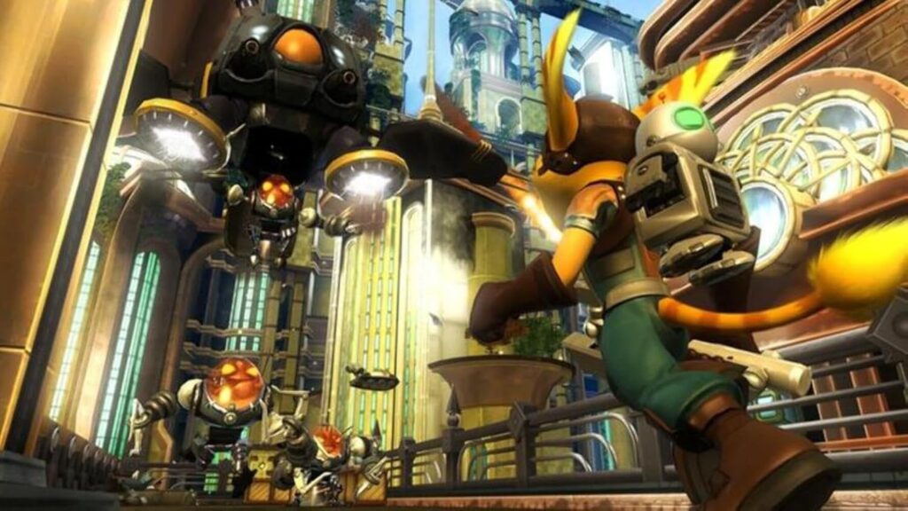 In-game battle scene from Ratchet & Clank Future: Tools of Destruction showcasing its dynamic combat system.